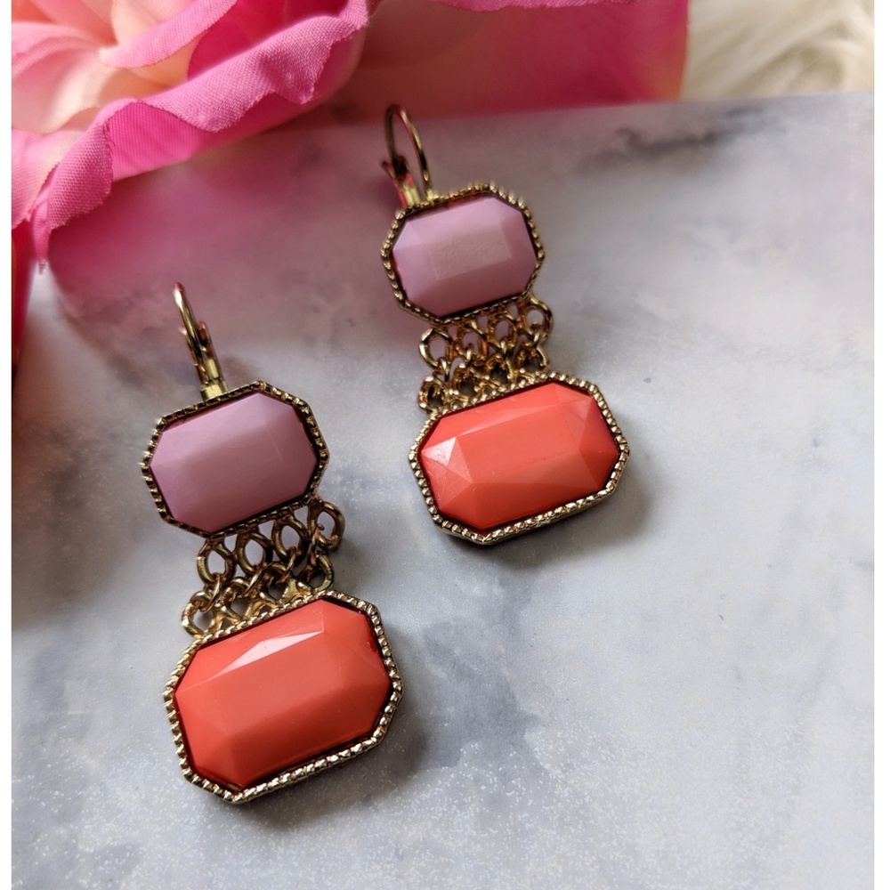 Nwt Chain Link Creamsicle and Pink Earrings - Picture 2 of 2